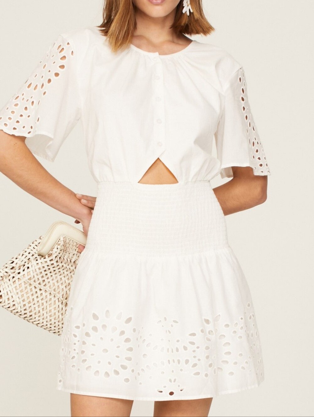 Thakoon Eyelet Smocked Dress Crewneck Back Button Closure Cotton Size 2